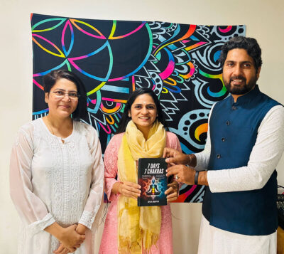 Riya Mehta with Sound Vibrational Healing Mentors Vaishali Pandya & Dr. Sandeep Jyot.